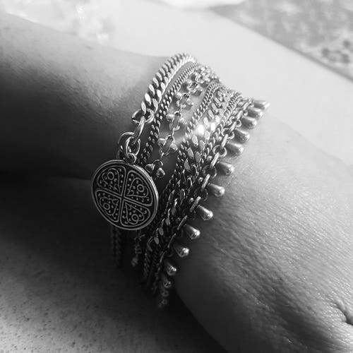 Multi strand chains shops bracelet with coin pendant
