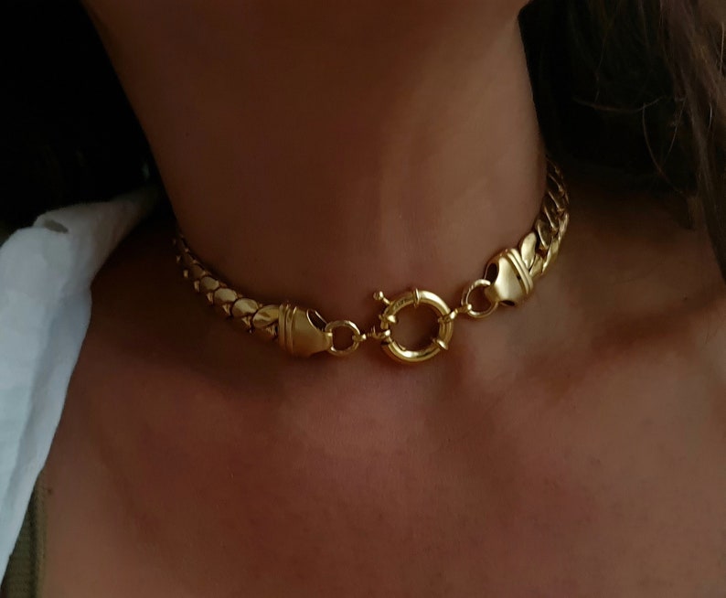 Gold Chain Choker, Chunky Choker Necklace, Thick Snake Necklace, Bold Chain Choker, flat chain necklace, Gold Chain Collar, Gift for wife image 7