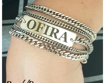 personalized Engraved name bar bracelet, silver layering bracelet, multi strand chains bracelet, chunky silver bracelet gift for friend