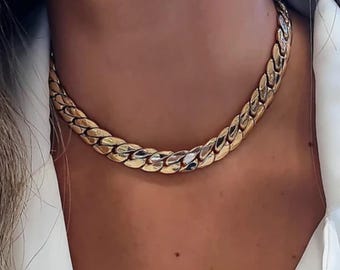 Thick herringbone mesh necklace, shiny gold- Chunky choker Omega cobra style, collar for Women