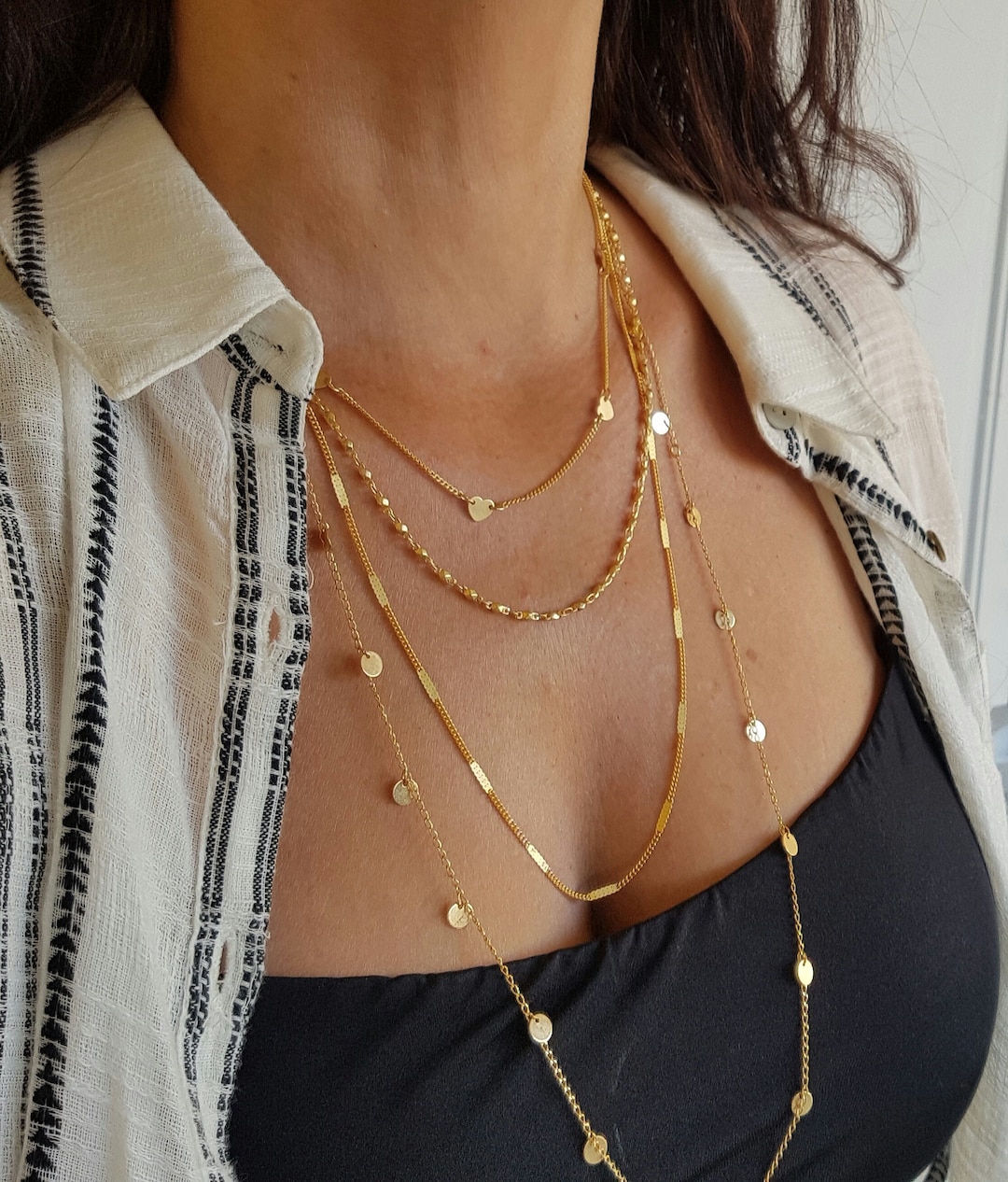 Gold Layering Necklace With Dangling Charm - Long Layered Necklace Set - Etsy