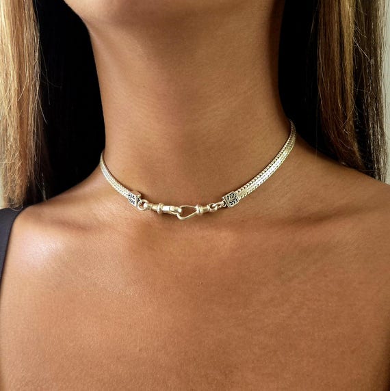 Choker Necklace: Flat Snake Chain Necklace Shaped Front Double