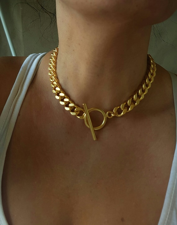 toggle clasp chunky necklace,Statement choker large oval link chain gold vintage necklace chunky choker gold statement choker choker