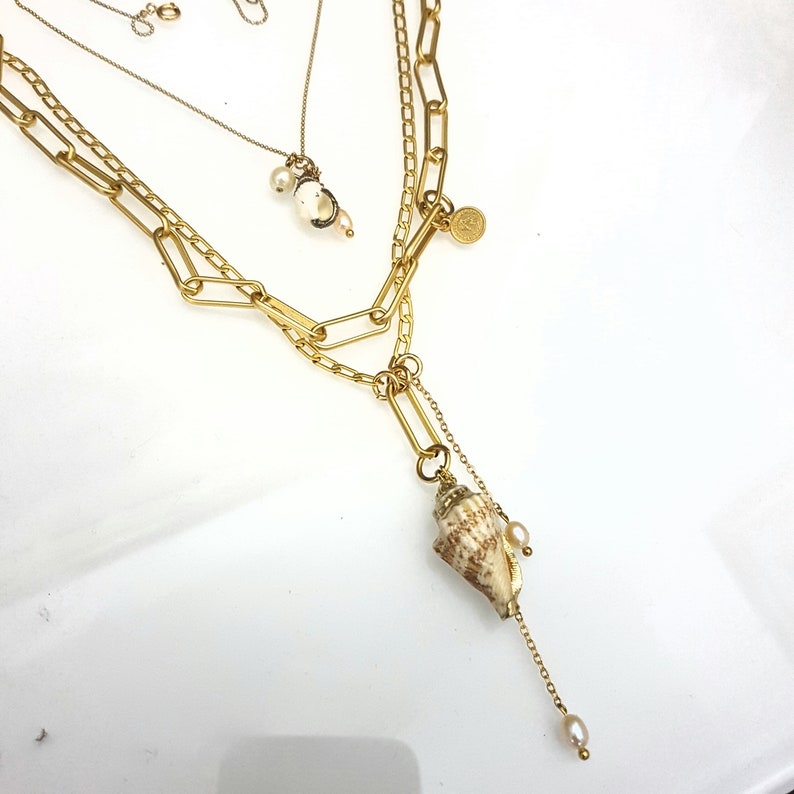 Summer Nautical Gold Seashell Necklace Tropical Sea Beach Ocean Sea Lover Gift. Gold Shell Pendant Necklace Nature Lover Gift