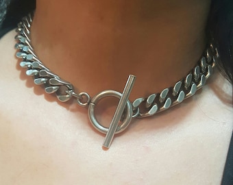 silver toggle clasp Necklace for women, thick link chain choker, statement chic choker, large o ring choker - silver chunky necklace