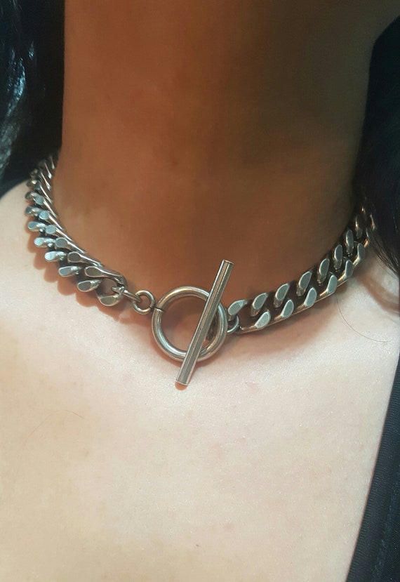 Silver Toggle Clasp Necklace for Women Thick Link Chain Choker