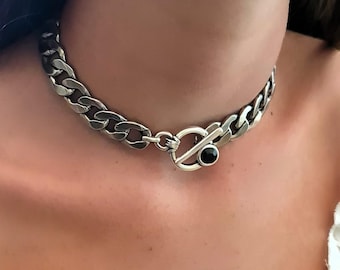 Chokerhalsband: Tjock silverkedja med knäppning - Grunge punk smycken