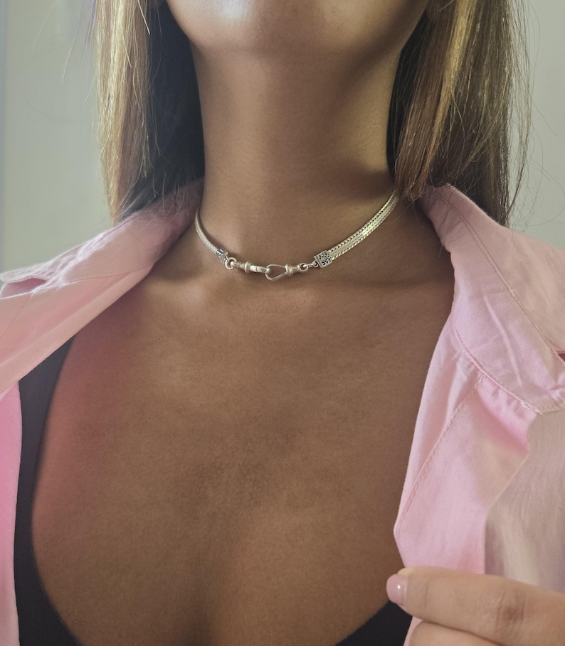 Silver 925 Herringbone Swivel Clasp Choker Collar: Carabiner Locking Collar