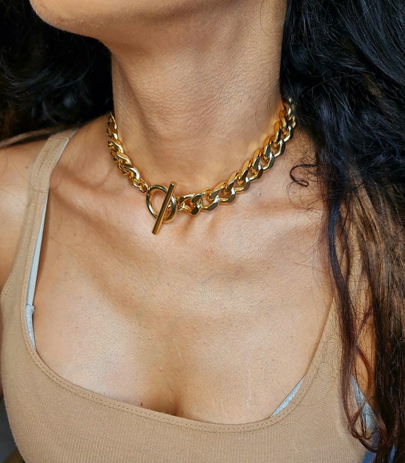Chunky Choker: Large Link Chain With Toggle Clasp, Gold Plated