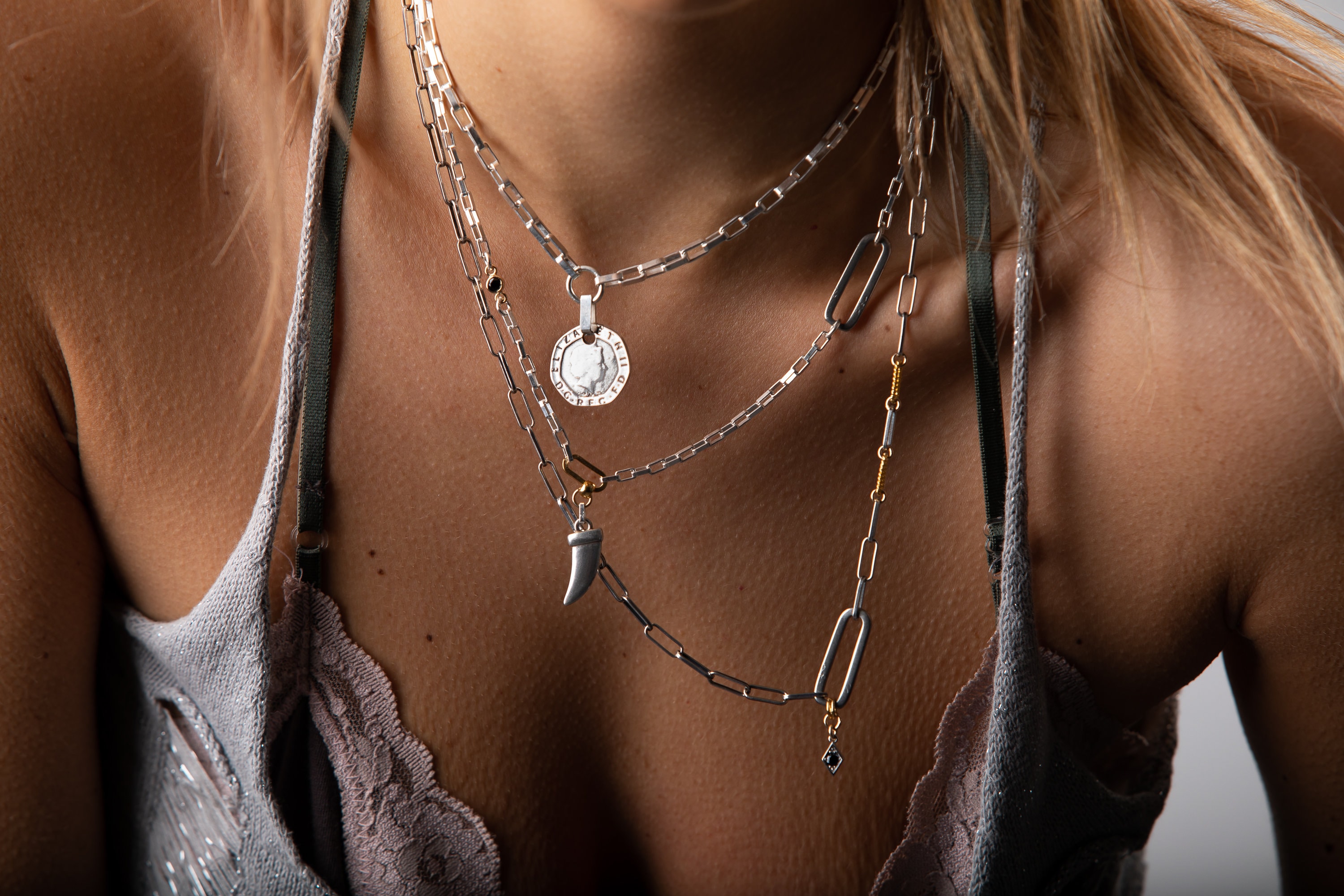 Layered Link Necklace - Gold & Silver Medal Necklace Set