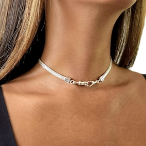 Choker necklace: Flat snake chain Necklace shaped front double swivel clasp - STERLING SILVER 925