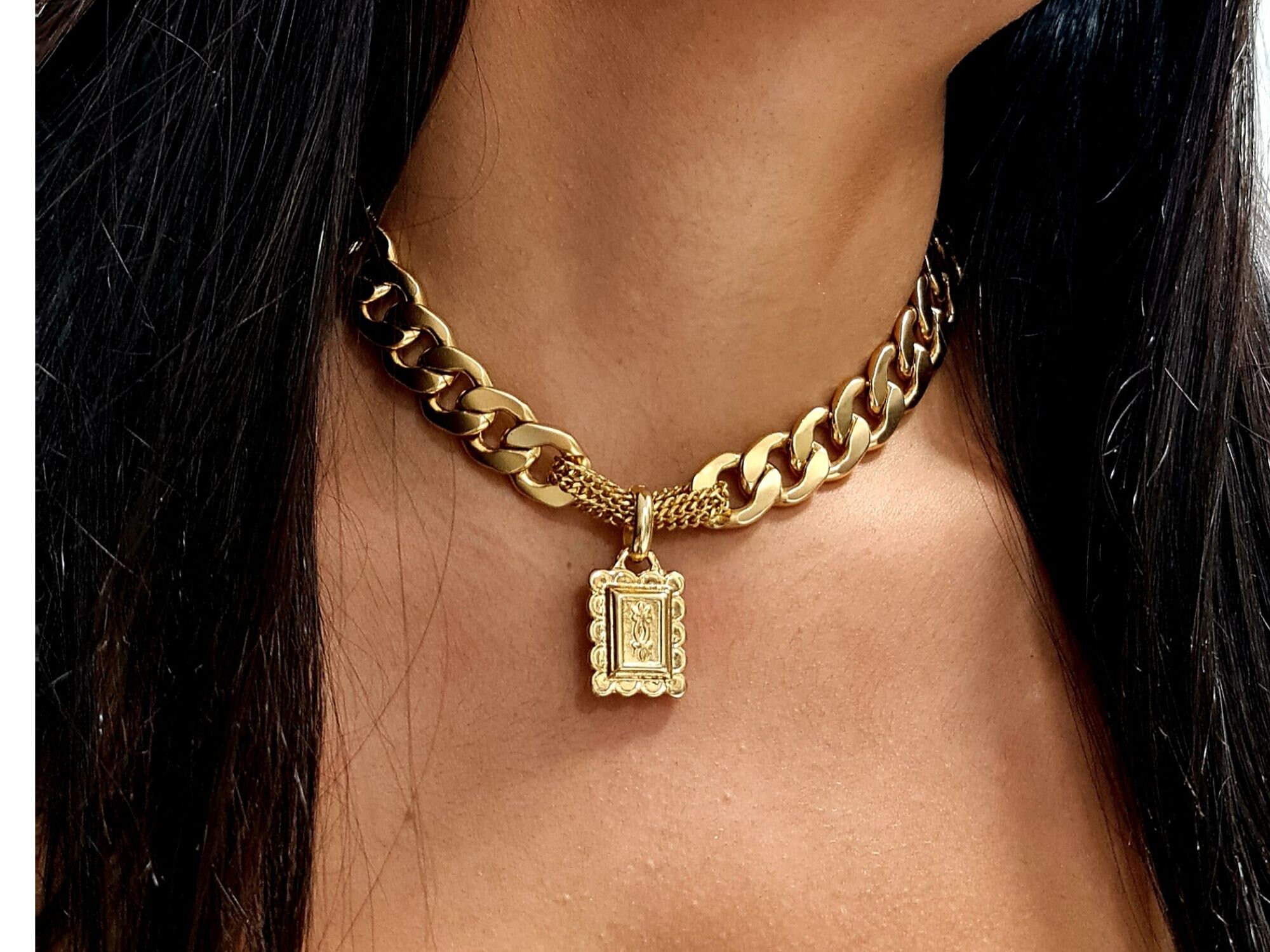 Statement Link Necklace, Gold Chunky Necklace, Coin Chain Necklace 