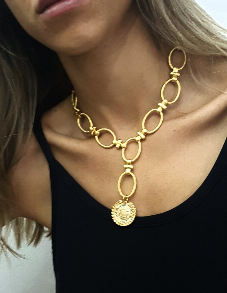gold statement coin necklace chunky chain lariat coin image 6