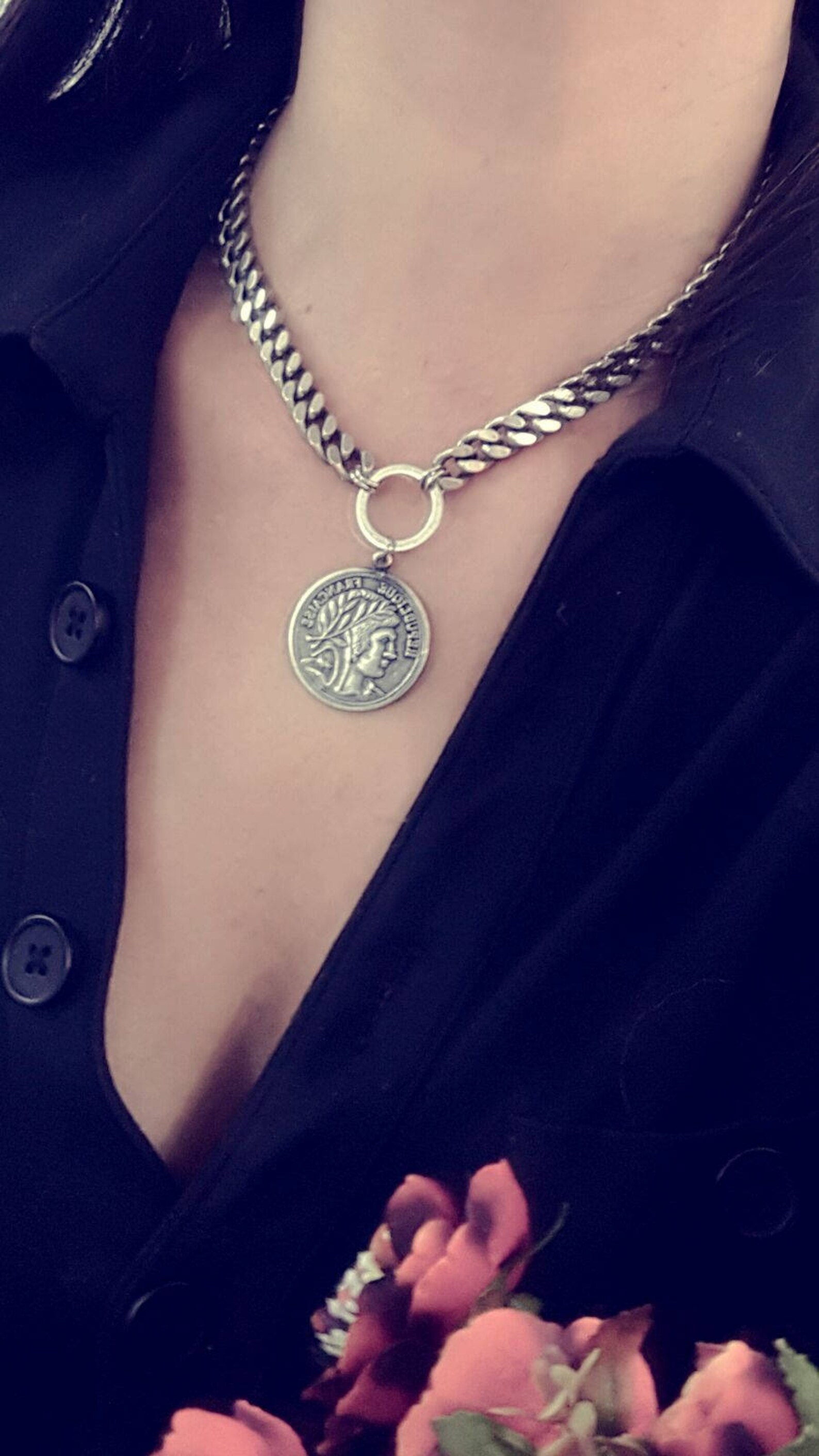 Silver Coin Necklace Statement Coin Pendant Necklace Etsy