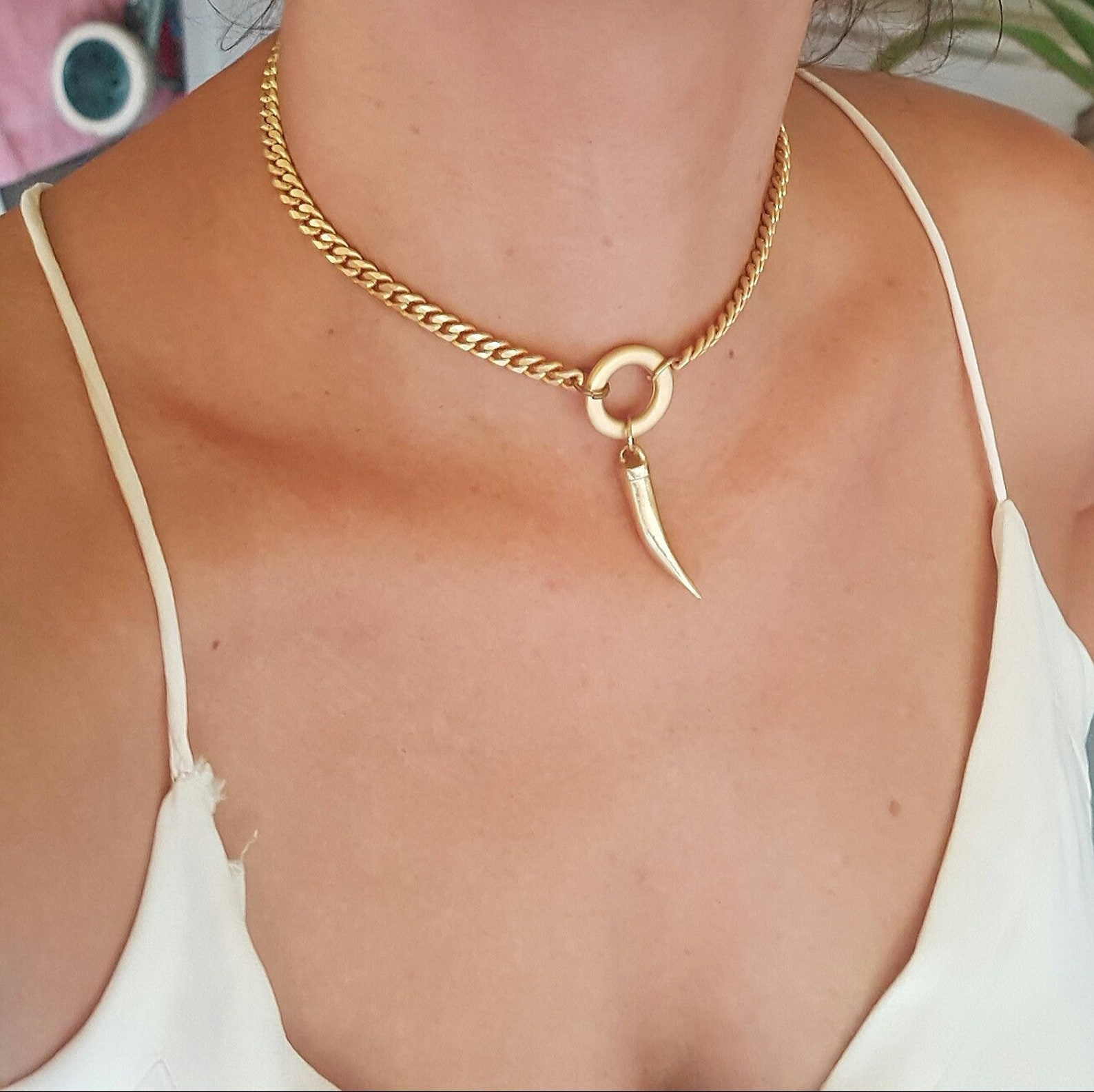 Gold Horn Necklace Horn Pendant Necklace Tusk Necklace Etsy