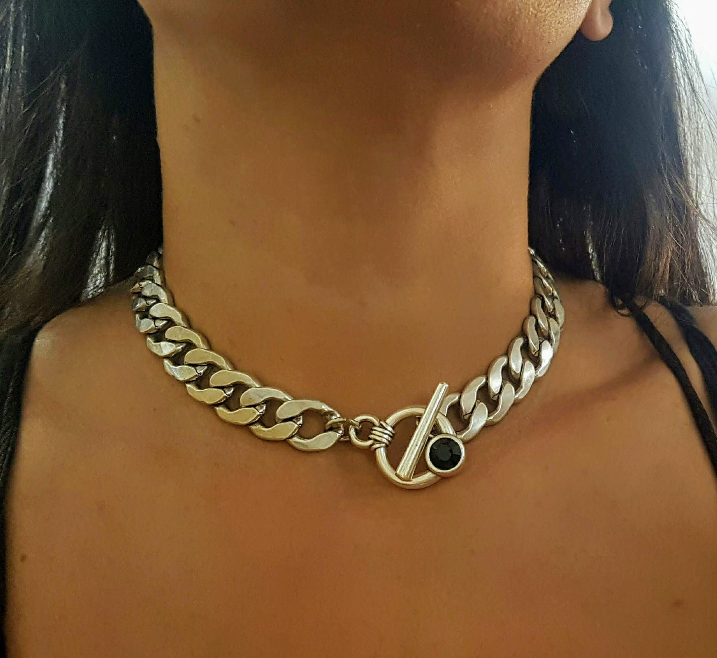 Choker Necklace: Chunky Silver Thick Link Chain With Toggle Clasp