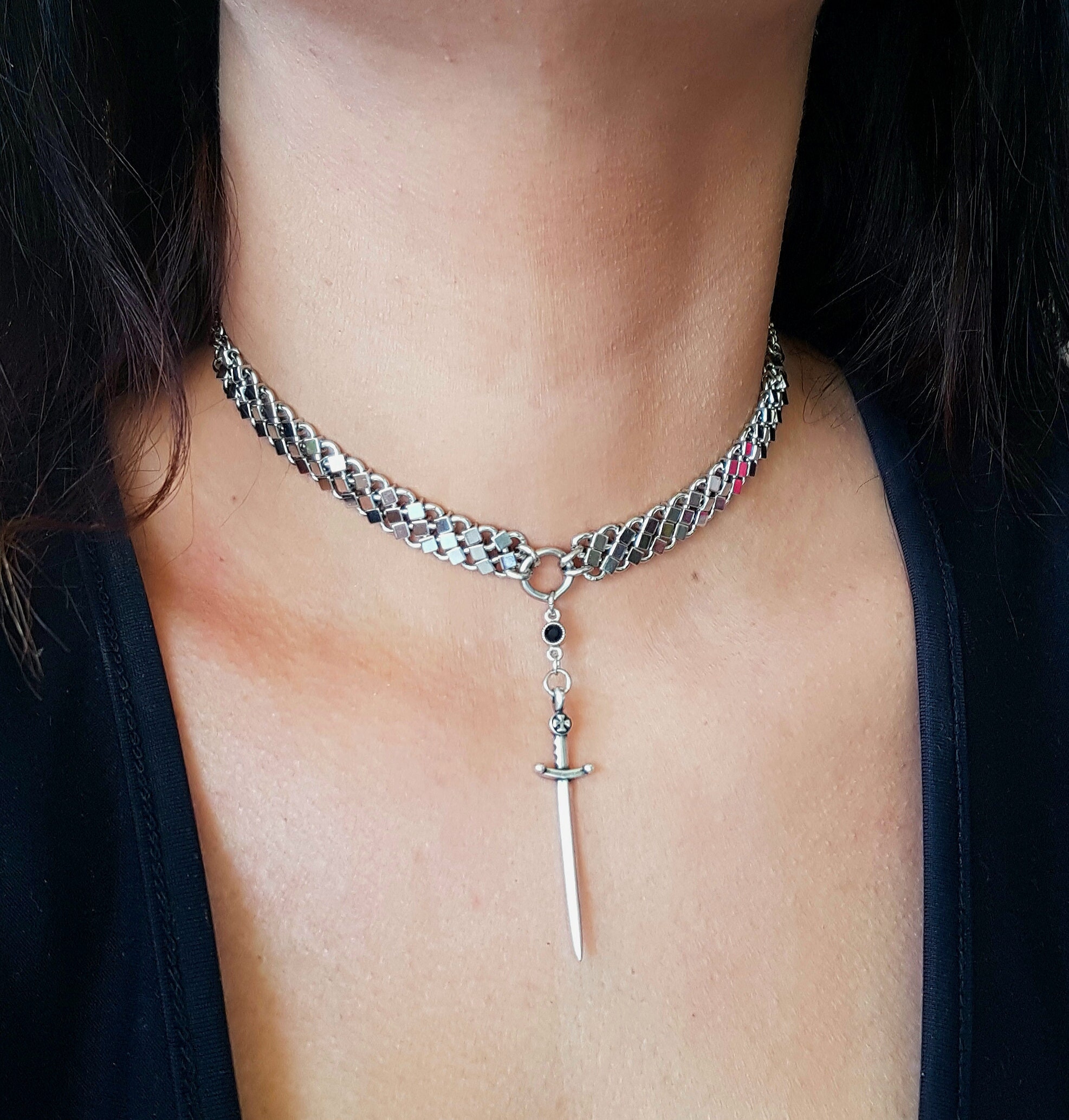Silver Sword Cross Pendant Necklace, Paperclip Chain Dagger