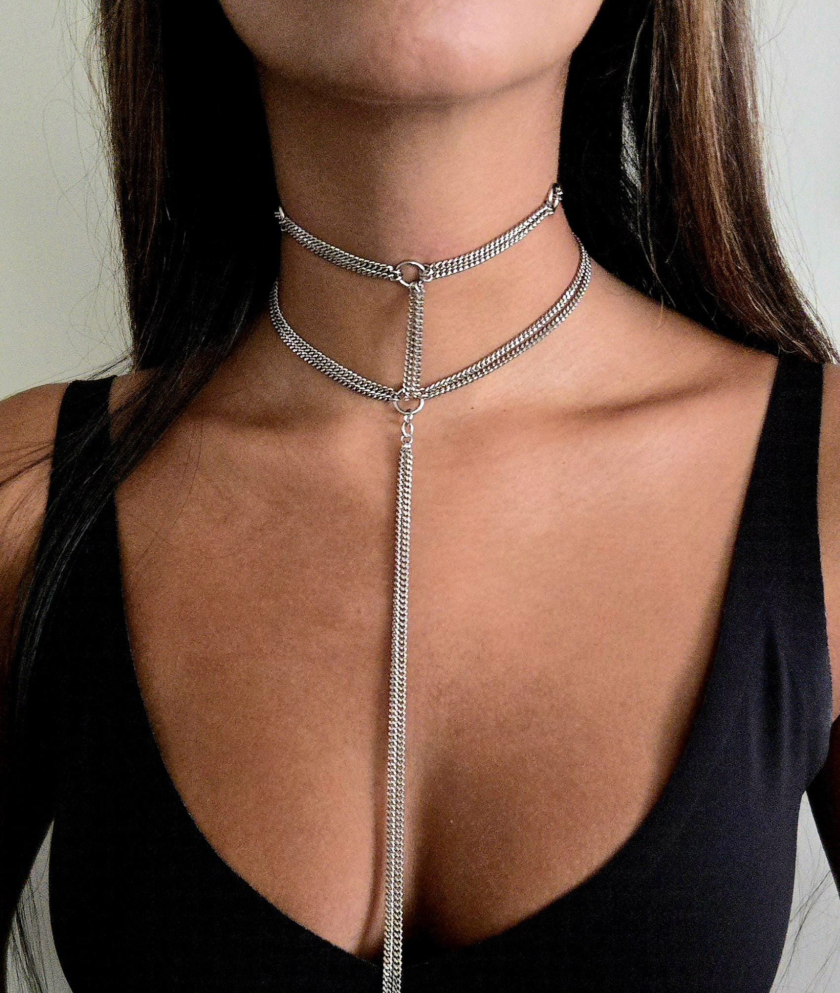 Choker Necklace: Long Drop Layered Chain Shepped Multi Ring
