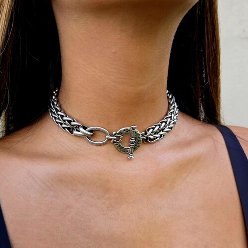 Chunky Choker Necklace: Double Foxtail Chain With Front Toggle