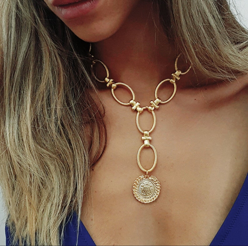 gold statement coin necklace chunky chain lariat coin image 0