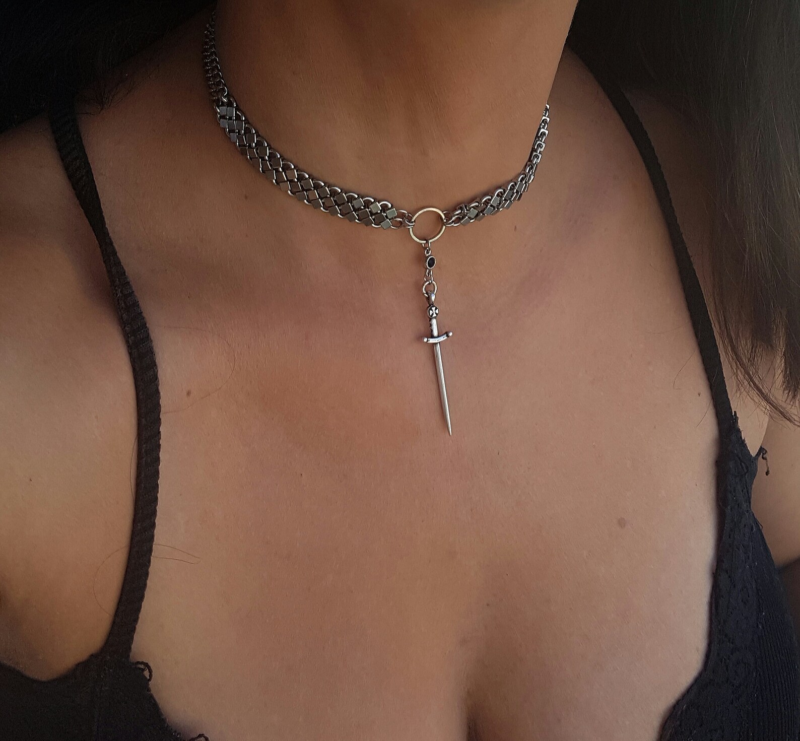 Sword Necklace Silver Sword Pendant Links Chain Choker Etsy Israel