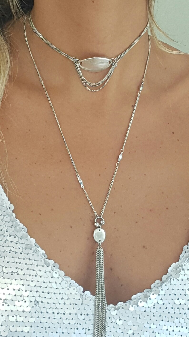Silver layer necklace long dainty necklace initial disc Etsy