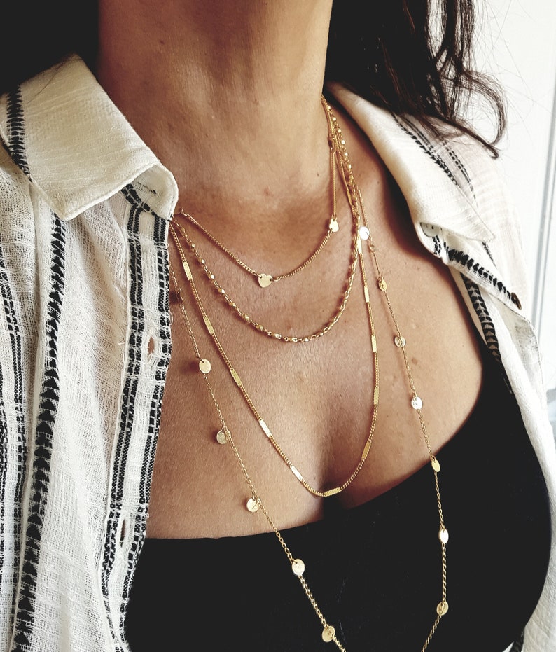 4 Delicate Pieces Layer gold layering necklace set of 4 necklace dainty layer charm necklace long dangle coin necklace