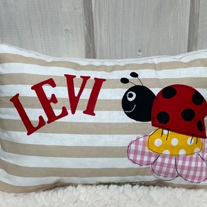 Children&#39;s pillow with desired name, cuddly pillow 20 x 30 cm. Beige/white ladybug