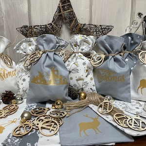 Advent calendar, country style Advent calendar, Advent calendar bags to fill, 24 fabric bags * grey/white