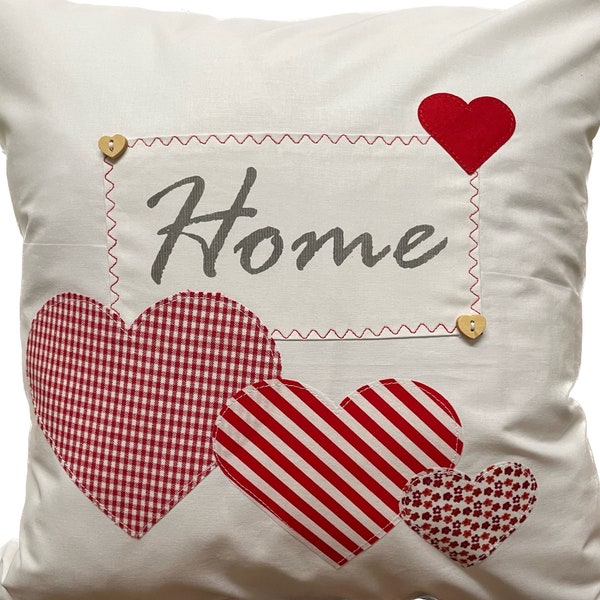 1x housse de coussin, housse de coussin style maison de campagne * Housse de coussin *Home* blanc avec coeur rouge