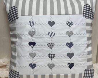 Patchwork cushion cover, country style cushion cover grey/white 40x40cm.