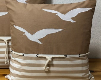 1Maritime Kissenhülle*Kissenbezug Landhausstil*Möwen* weiß//grau gestreift 50x50
