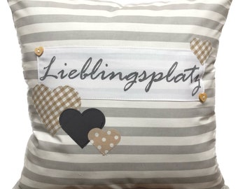 1 Kissenhülle, Landhausstil Kissenhülle * Kissenbezug *Lieblingsplatz* grau/weiß gestreift