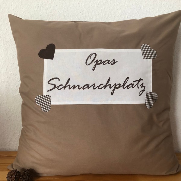 Opas Schnarchplatz Kissenhülle, Landhausstil Kissenhülle, Kissenbezug beige/braun 50x50cm.