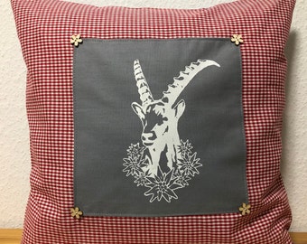 1x country style cushion cover, pillow cover * Capricorn * red / gray / white 50x50cm.