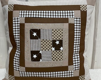 Patchwork cushion cover, country style cushion cover beige/brown 40 x 40 cm.
