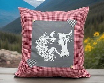 Kissenhülle, Kissenbezug, Landhausstil Kissen *Kuh* rot/grau