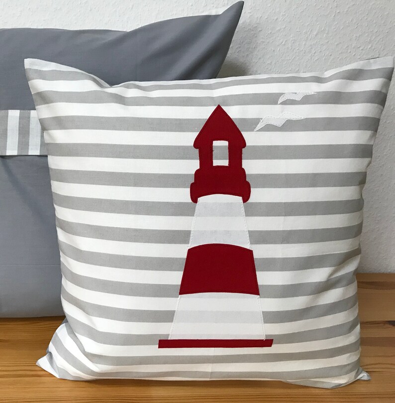 Maritime pillow case, pillow case, country style pillow case, pillow lighthouse gray / white / red 50x50cm. image 2