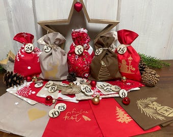 Adventskalender,Landhausstil Adventskalender zum befüllen, 24 Säckchen zum Advent , Adventskalender Zahlen aus Holz, rot/beige/braun