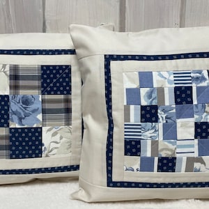 1x Patchwork kuddfodral, lantlig kuddfodral blå/beige 40 x 40 cm.