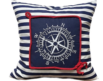 Maritime pillow case, pillow case, country style pillow, decorative pillow * compass * blue / white striped 40x40cm.
