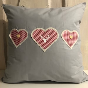 1 cushion cover, cushion cover, country style cushion, decorative cushion gray / red hearts
