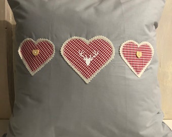 1 cushion cover, cushion cover, country style cushion, decorative cushion gray / red hearts