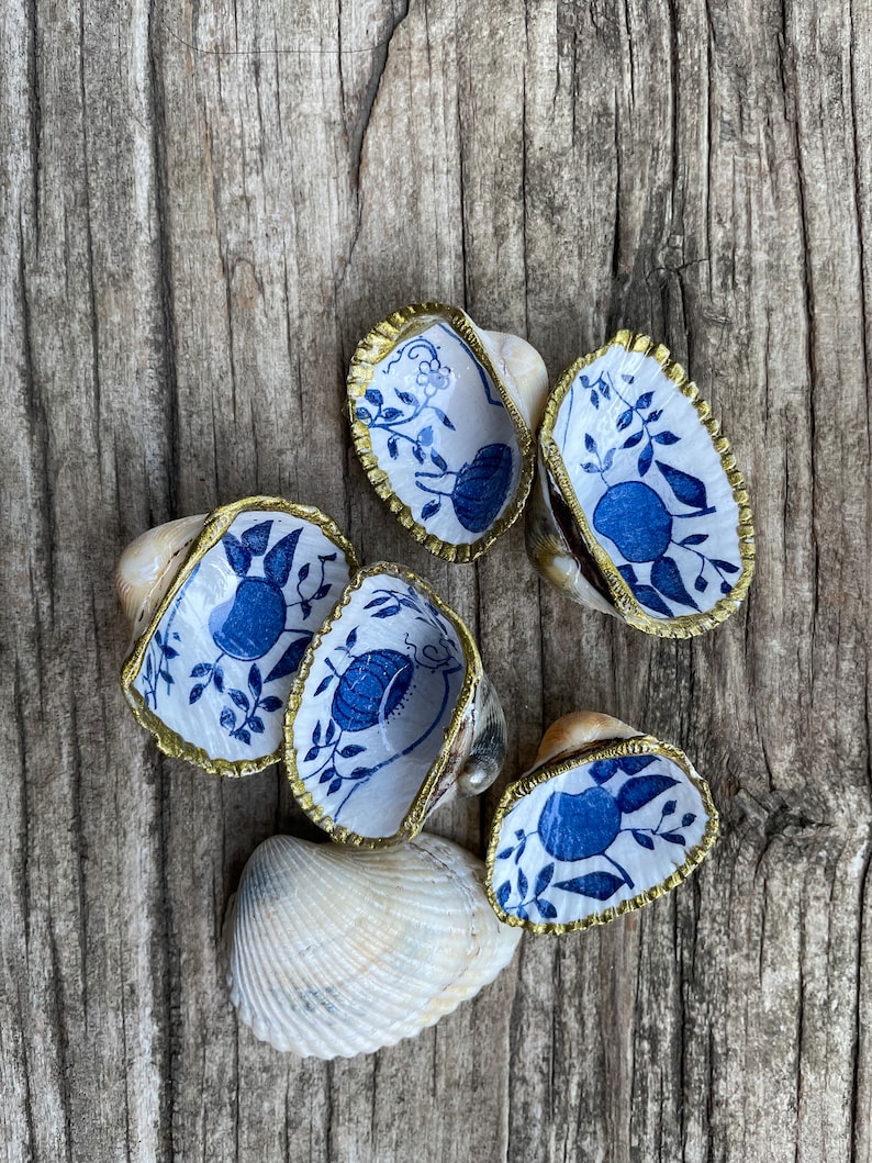 6x Small Deco Shells, Onion Pattern * Blue/white * Maritime Decoration ...