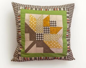 Patchwork kussenhoes, landelijke stijl kussenhoes bruin/beige/geel/groen 40 x 40 cm.