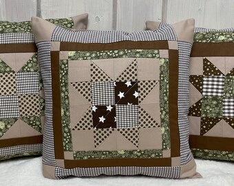 Patchwork cushion cover, country style cushion cover beige/brown/green 40 x 40 cm.