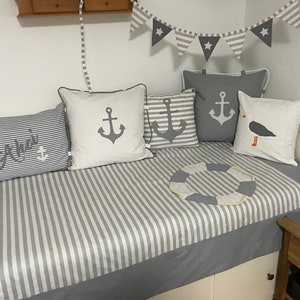 Maritime patchwork blanket * Bedspread *Baby blanket * gtay / white 130x200cm. darkblue / with lifebuoy