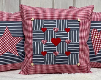 Patchwork cushion cover, country house style cushion cover red/blue-grey 40 x 40 cm.