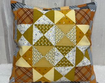 Patchwork cushion cover, country house style cushion cover, unique piece mustard yellow/grey 40 x 40 cm.