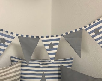 Pennant chain, garland made of fabric, children's room decoration, fabric garland, blue / gray 230cm.